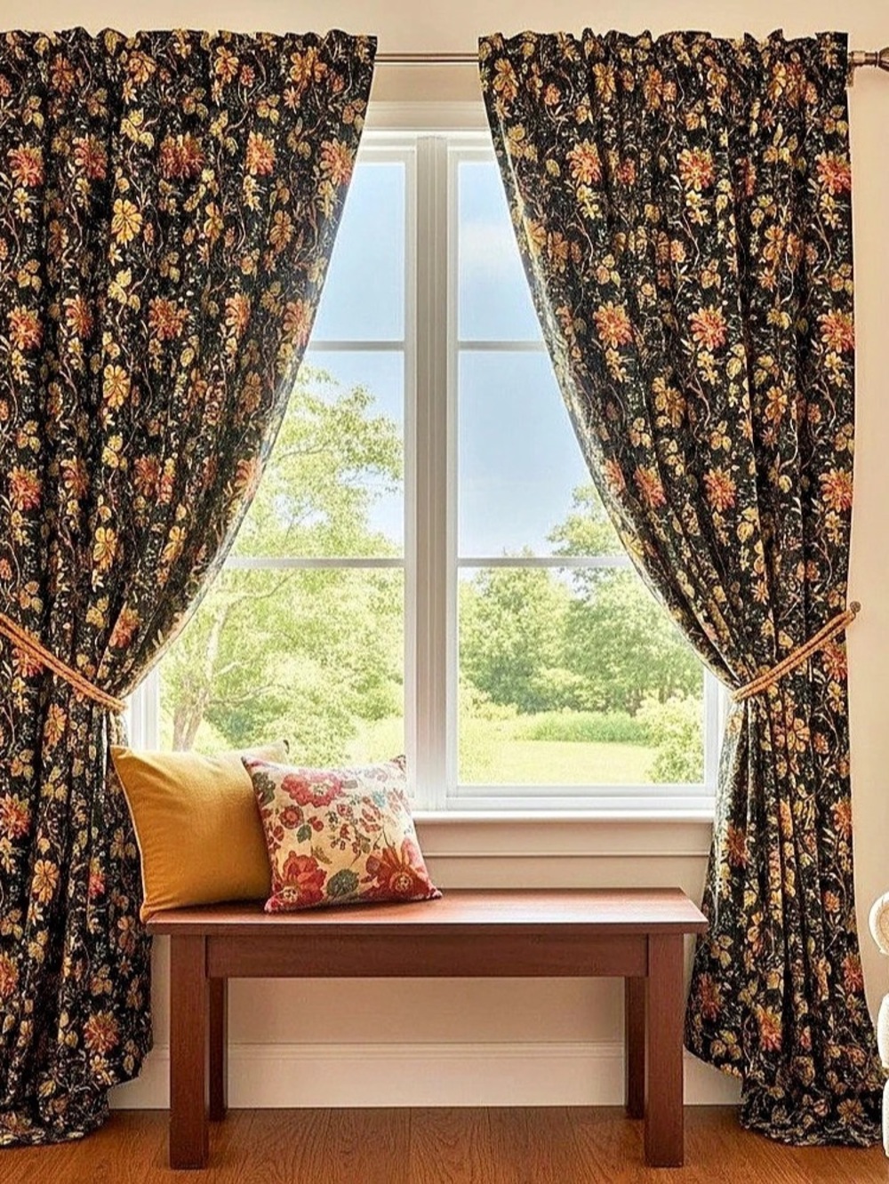 Waverly Felicite Noir Curtain Set 3 Valences, 2 Curtains with 2 Hold Backs